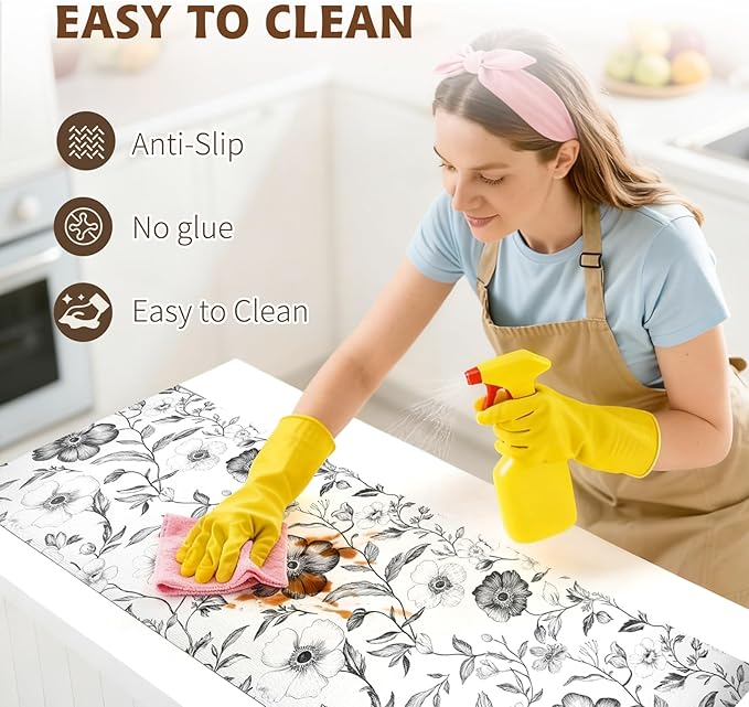 Drawer and Shelf Liner Black Flowers 17in x 20FT, Non Adhesive Anti-Slip Double Layer PVC Reusable Thickened Waterproof Easy Clean for Kitchen Cabinets Refrigerator with Knife Tape Measure