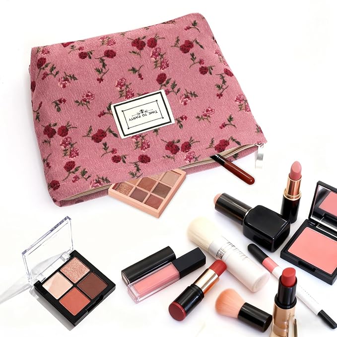 1pcs Floral Makeup Bag for Women Travel Cosmetic Pouch Toiletry Organizer for Skincare Brushes and Daily Essentials 8.27x7.28x1.97 inch(Flower-1, Rose)