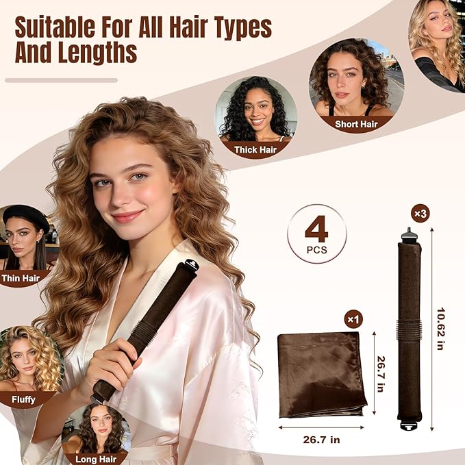 TULOBI 3 Pcs Heatless Curls Overnight - Upgraded Velvet Heatless Hair Curler with Velcro Fastener, Overnight Jumbo Blowout Rods, Hair Curlers to Sleep in for All Hair Types (Brown)