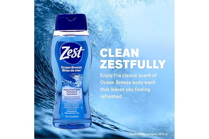Zest Body Wash - Enriched with Sea Minerals - Invigorating Scent - Hydrating Body Soap - Suitable for All Skin Types - Ocean Breeze - 6 pc