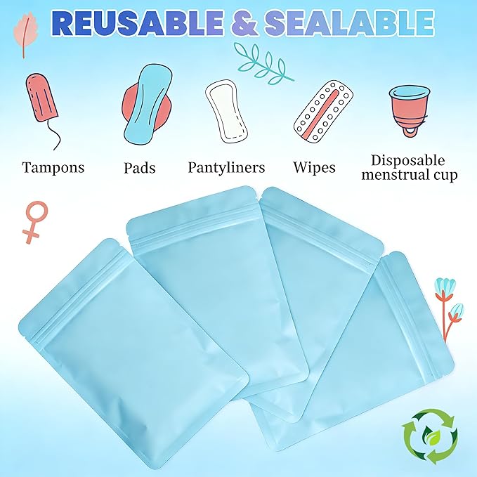 Disposable Sanitary Hygiene Disposal Bags for Bag Period Tampon Napkin Trash, 100pcs, Discreet Privacy Cover, Stylish Look, Self-Adhesive Seal,Portable for Purse, Bathroom, School, Travel (Sky blue)