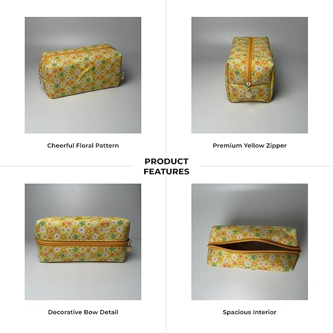 Floral Quilted Cotton Makeup Bag for Women, Large Capacity Travel Cosmetic Pouch with Zipper, Cute Toiletry & Brush Organizer, Kawaii Makeup Storage Case – Yellow Sun Flower