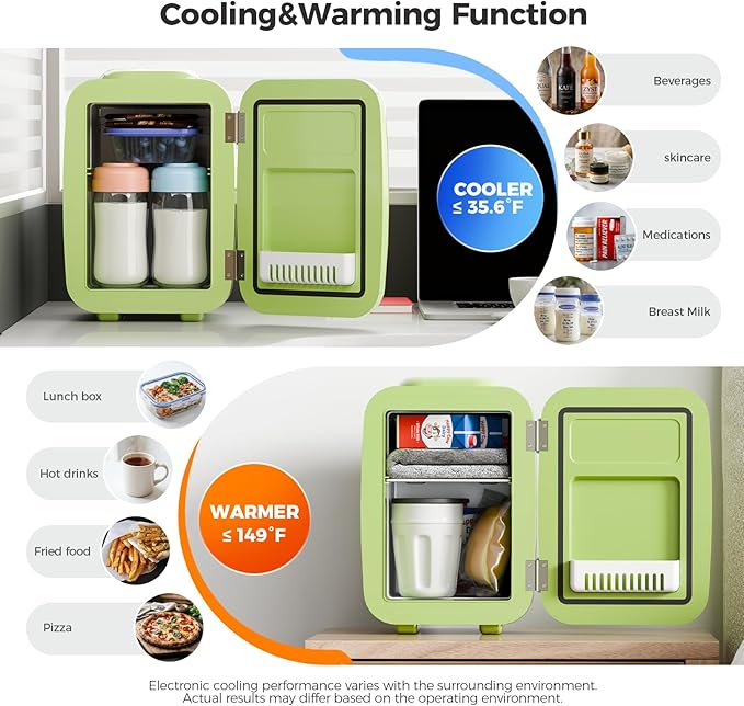 Mini Fridge, 4 Liter/6 Can Mini Makeup Fridge, 110V AC/ 12V DC Portable Thermoelectric Cooler&Warmer for Skincare, Drink, Cosmetic, Medicine, Small fridge for Bedroom, Office, Dorm, Car, Green