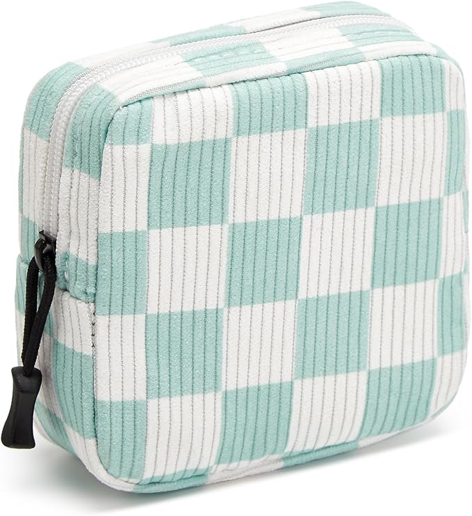 Small Makeup Bag for Purse,Mini Cosmetics Bag cute Zipper corduroy Cosmetic Pouch Storage Pouch Travel Toiletry Organizer for Women Girls(Checkered Green)