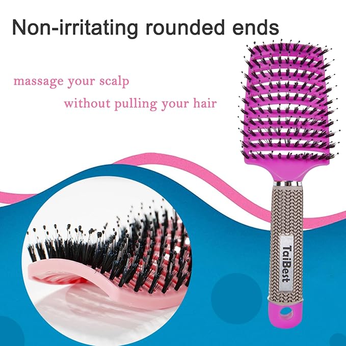 Boar Bristle Hair Brush Set - Dry/Wet Hair Brush Detangler for Fine, Thick, Curly Hair - Curved and Vented Brush for Women, Men or Kids (Rose Red & Apricot Pink)