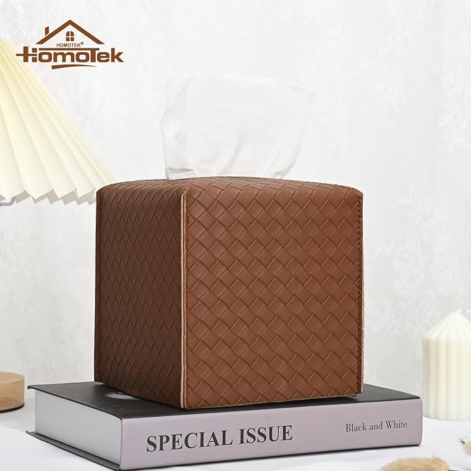 HOMOTEK 2 Pack Tissue Box Cover, Square PU Leather Tissue Holder, Decorative Facial Tissue Cube Paper Organizer Dispenser for Bathroom, Night Stands, Desk, Car 5X5X5'' - Woven Waffle,Chocolate