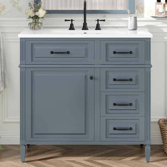 Harper & Bright Designs 36" Bathroom Vanity with Sink, Free Standing Vanity Set with 4 Drawers, Storage Racks, and Adjustable Shelf, Wood Bathroom Cabinet with Ceramic Basin for Bathroom, Blue Grey