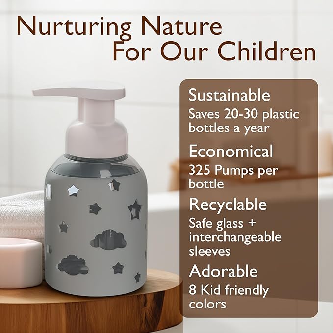 SoCal Suds & Company Foaming Hand Soap Dispenser Glass, Liquid Soap Pump with Cloud & Star Sleeve, Refillable Bottle for Kids, Baby Wash & Shampoo, Ideal for Bathroom & Kitchen Use, Light Grey, 8oz