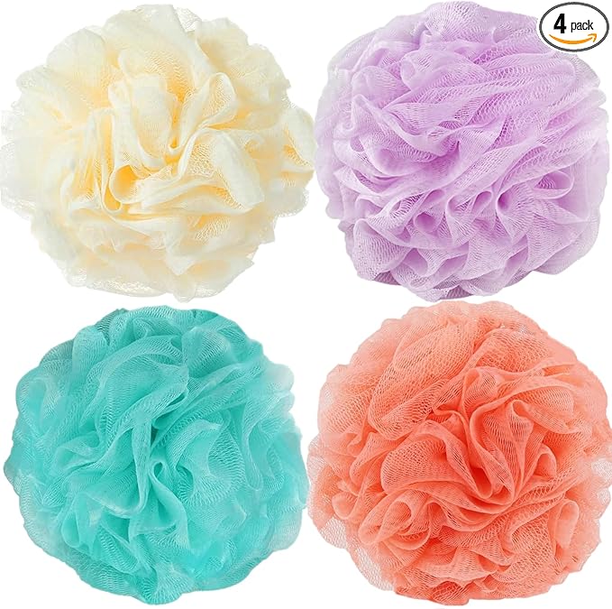 Fu Store Loofah Sponge Shower Loofahs 70g Bath Sponges Mesh Balls 4 Colors for Body Scrubber Exfoliator Wash Back Scrubber Bathroom Men Women - 4 Pack Scrubbers Cleaning Bathing Accessories