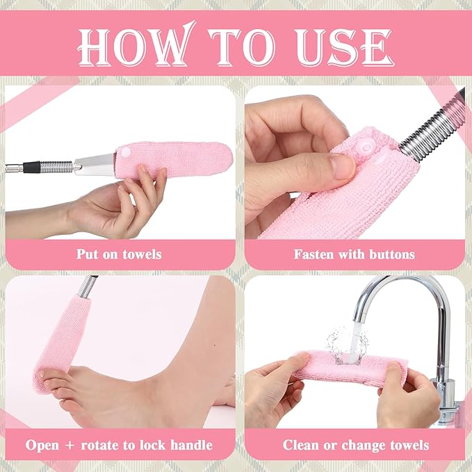 Toe Cleaning Brush Lotion Applicator for Feet with 6 Reusable Drying Covers Foot Cleaner with Telescopic Stainless Steel 16-30 Inch Handle Toe Scrubber for Elderly Disabled Men Women (Pink)