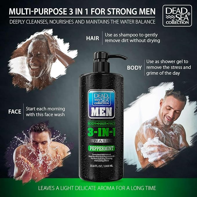 Dead Sea Collection Peppermint Men’s Body Wash – 3 in 1 Body Wash for Men for Hair, Face & Body – Moisturizing Shower Gel with Dead Sea Minerals – Pack of 2 (33.8 fl oz each)