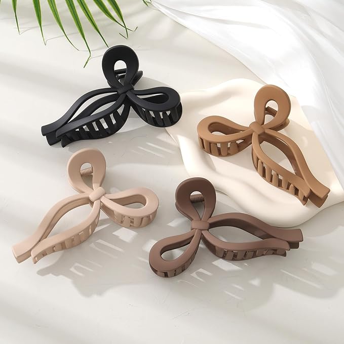4 PCS Bow Hair Clips Bow Claw Clip for Women Nonslip Large Hair Claw Clips for Thin and Thick Hair Strong Hold Hair Bows (Black+Dark brown+Khaki+Light brown)