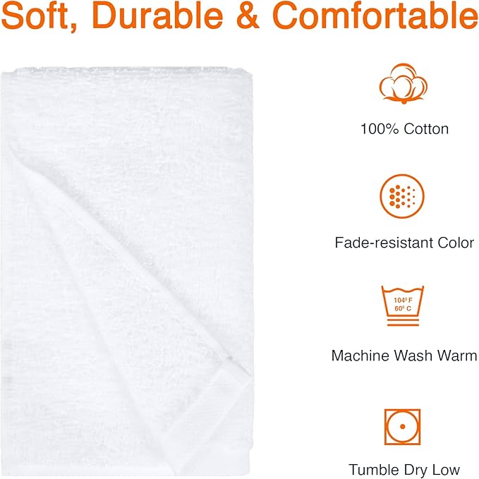 Amazon Basics Soft and Thick Cotton Hand Towels for Gym, Quick Drying, 16 x 26 in, White, 24-Pack