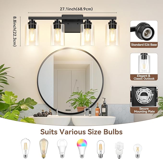 VerRon 4 Lights Bathroom Light Fixtures, Matte Black Modern Vanity Lights Over Mirror with Clear Glass Shades, Bathroom Wall Sconce for Mirror Living Room Cabinet Bedroom Porch