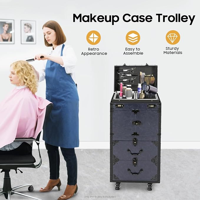 Rolling Lockable Makeup Train Case Stylist Beauty Hair Salon Trolley Suitcase Travel Organizer Tool Box with Hair Dryer Holder Professional Cosmetic Hairdressing Luggage with Wheels (Blue)