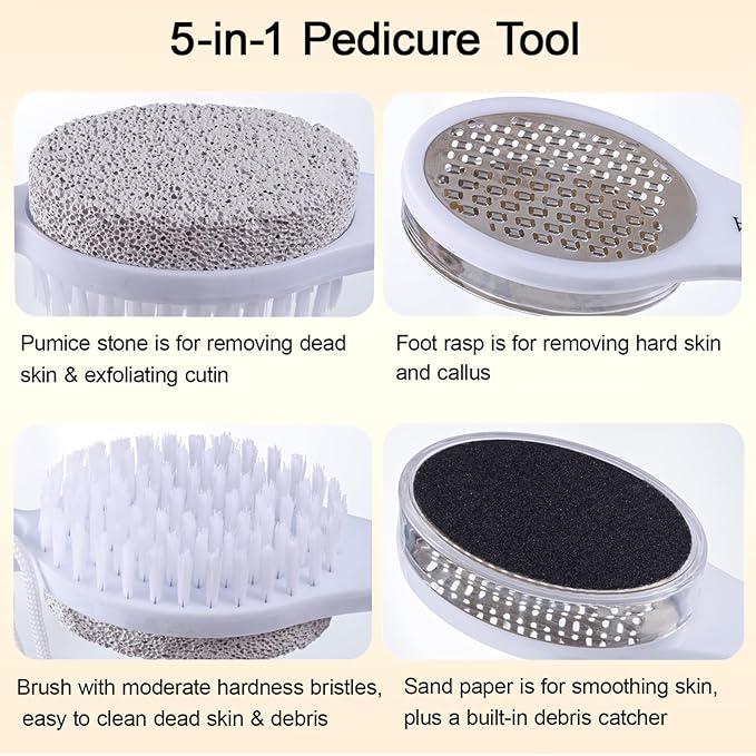 Foot Scrubber Brush with Pumice Stone for Feet 5-in-1, 2Pcs Foot File Callus Remover, Stainless Steel Feet Scraper, Cleaning Brush & Sand Paper Debris Catcher, Multi Purpose for Home Foot Care, White
