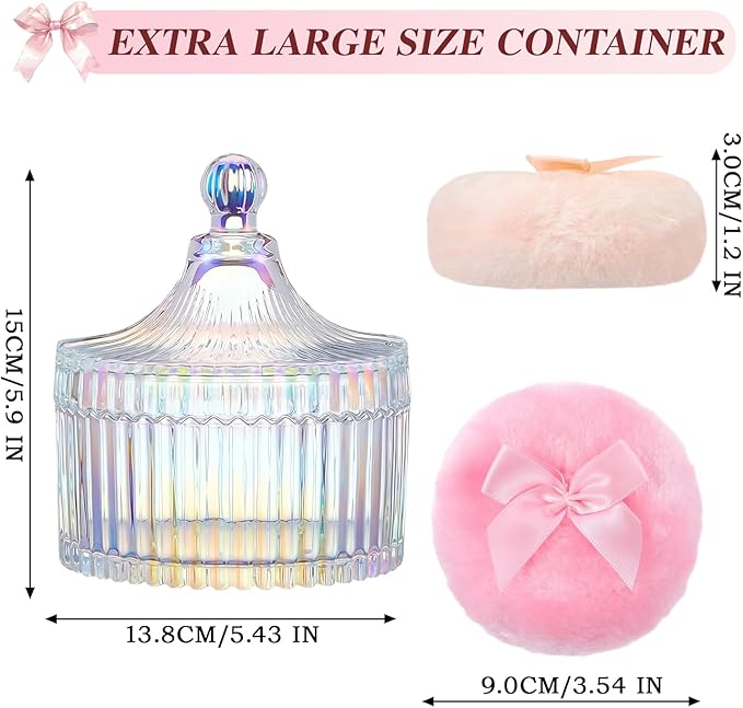 5 Pcs Extra Large Body Powder Puff and Container Set – 5.43" Oversize Crystal Powder Container | 3.54" Ultra-Soft Velour Puff, Washable & Reusable, Ideal for Face/Body Glitter & Wet/Dry Makeup