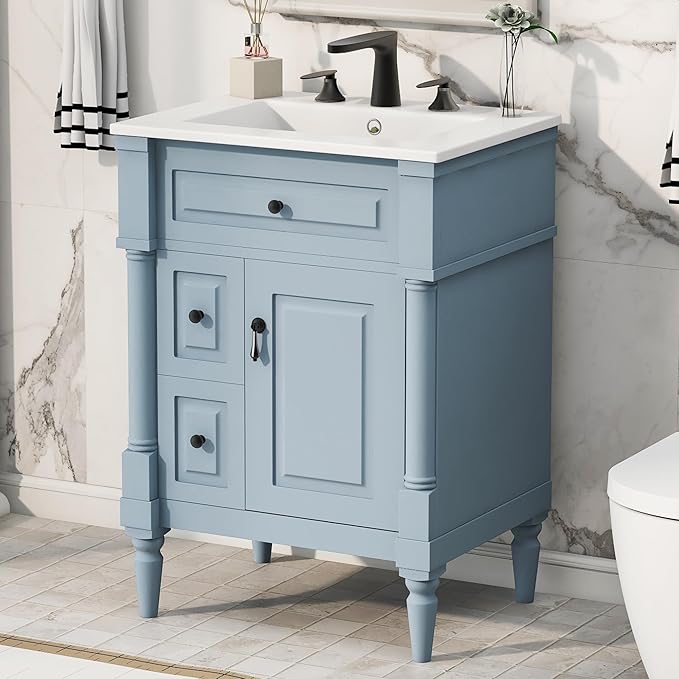 Harper & Bright Designs 24" Bathroom Vanity with Sink, Free Standing Bathroom Vanity Set with Flip Drawer, 2 Drawers, and Adjustable Shelf, Storage Cabinet with Ceramic Basin for Bathroom, Blue Grey