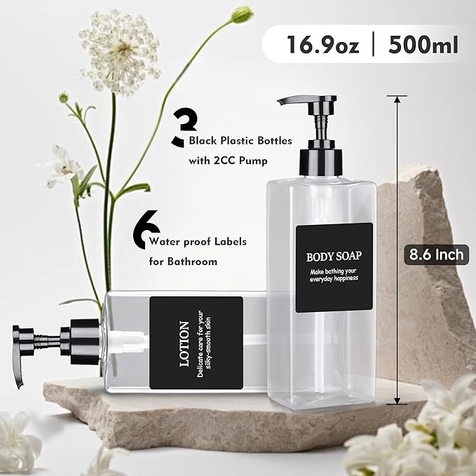 Clear Refillable Plastic Pump Bottle Dispenser Set with Waterproof Labels, Empty Bathroom Soap and Body Wash Dispenser for Shower (Set of 3, 500ML)