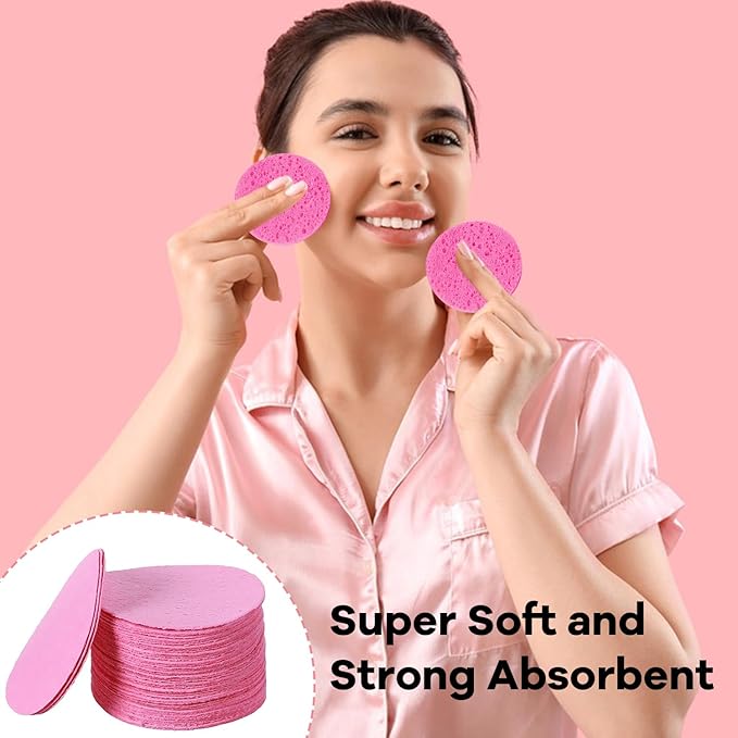 50-Count Facial Sponges, Compressed Natural Cellulose, Pink, Round Shape, Face Cleansing, Exfoliating, Makeup Removal