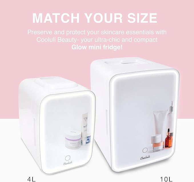 Cooluli Glow 4L Mini Skincare Fridge with Mirror & LED Light - Small Refrigerator for Skin Care, Makeup, Food & Drinks - Portable Mini Fridge for Bedroom & Office, 100-240V, White Mirror LED