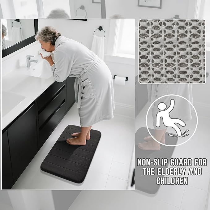 Yimobra U-Shaped Toilet Bath Mat Set 2 Piece - Super Soft Absorbent Quick Dry Memory Foam Bathroom Rugs, Machine Washable Non Slip Floor Carpet for Tub Shower & Single Sink (17x24 & 24x20, Black)