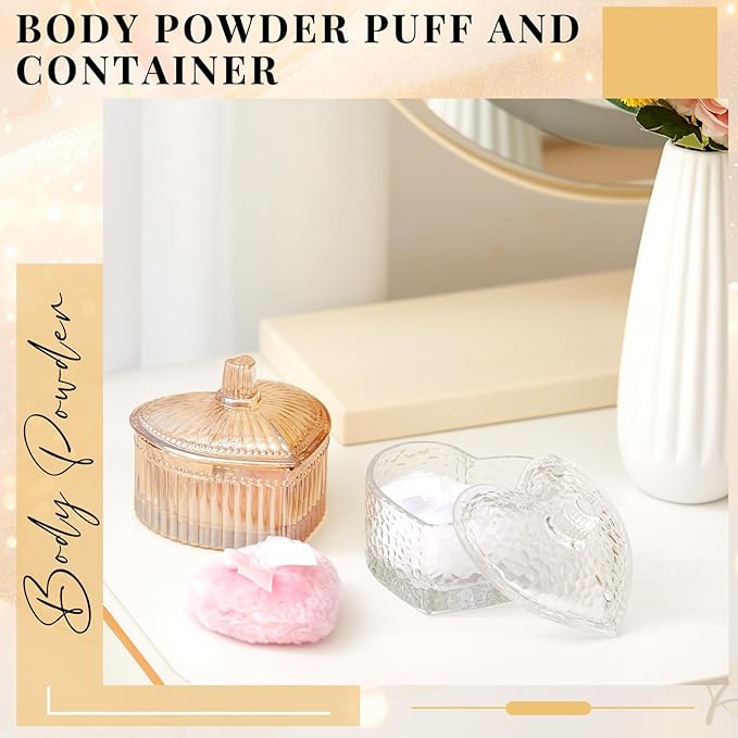Tioncy 4 Pcs Large Body Powder Puff and Container Extra Large Body Powder Puff Dish Soft Washable Reusable Fluffy Makeup Sponge Wet Dry(Heart,Amber and Clear)