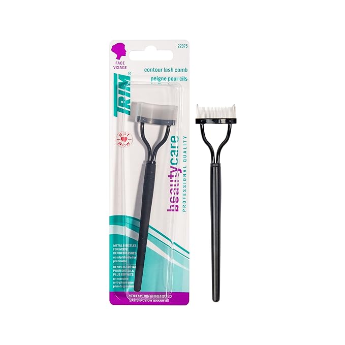 Trim Contour Lash Comb with Cover - Professional Eyelash Separator - Natural-Looking Defined Lashes - Metal Bristles - Curved Design - Non-Slip Handle - Black