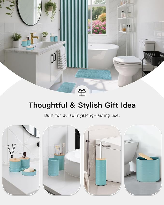 IMAVO Blue Bathroom Set,26Pcs Bathroom Accessories Set with Waffle Shower Curtain,Rugs,Trash Can,Tray,Soap Dispenser,Soap Dish,Toothbrush Holder,Toothbrush Cup,Toilet Brush Holder and Qtip Holders
