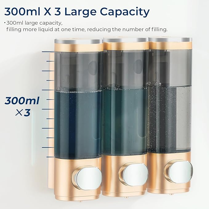 Shampoo and Conditioner Dispenser, Pollock Shower Soap Dispenser 3 Chamber No Drill, Wall Mounted Shampoo Body Wash Conditioner for Bathroom Large Capacity, Hotel Gold