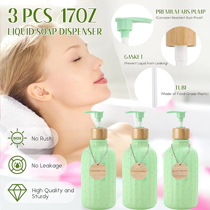 32PCS Green Bathroom Accessories Set with Shower Curtain,Rugs,Trash Can,3PCS Lotion Soap Dispenser, Toothbrush Holder, Soap Dish,Tumbler Cup,6PCS Wood Tags Bath Accessories with Tray for Bathroom