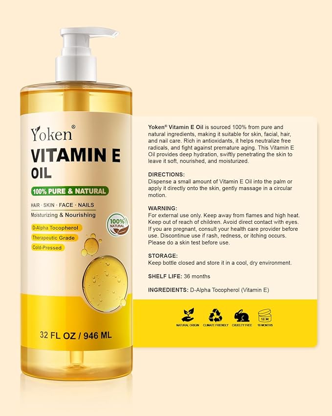 Vitamin E Oil 32 Fl Oz Vitamin E oil for Skin Bulk Vitamine oils for Face Perfect DIY Bath and Body Oil Cold Pressed Hexane Free Non-GMO Gluten Free Formula