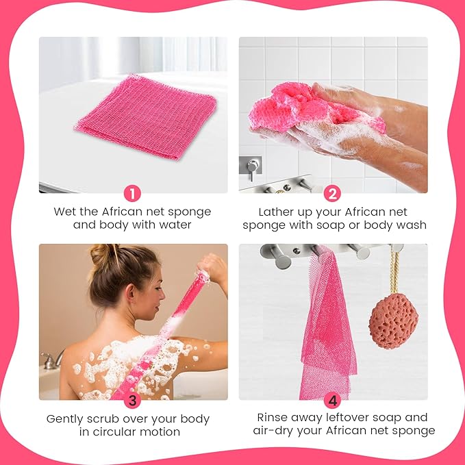 African Net Sponge, Authentic Exfoliating Body Scrubber for Bath and Shower, Multiple Textures with Gentle Deep Exfoliating and Rich Lather for All Skins (Pack of 2 (Pink+Purple))