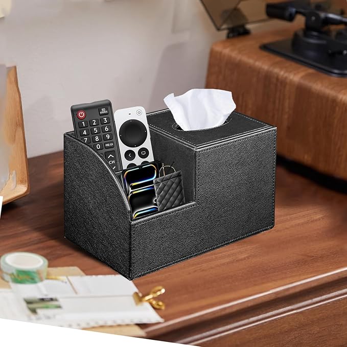 PU Leather Square Tissue Box Cover - Multi-Functional Tissue Box Holder, Tissue Box Cover with Storage,Tissue and Remote Control Holder, Cube Tissue Box Organizer Bedroom Nightstand End Table
