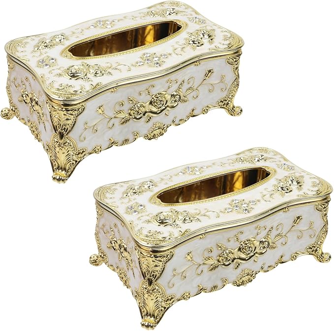 Geesatis Tissue Box Cover Tissue Box Holder Facial Tissue Paper Organizer Luxury Facial Napkin Holder for Home, Gold, 2 Pcs