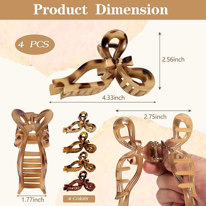 Auseibeely 4 Pcs Bow Claw Clips for Women & Girls, 4.3 Inch Tortoise Shell Cute Bow Hair Clips, Medium Claw Clip for Thick/Thin Hair, Non-Slip Elegant Butterfly Hair Accessories for Gift