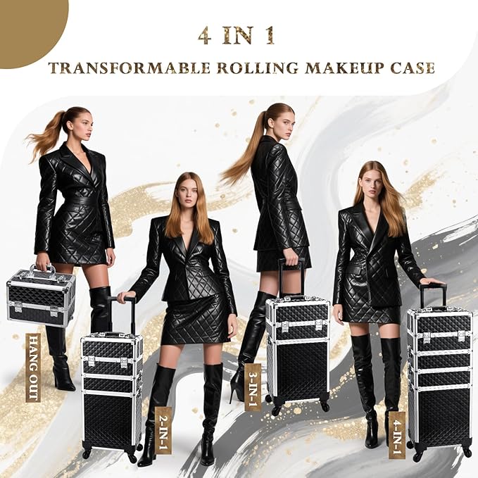 Stagiant Rolling Makeup Case Cosmetology Case on Wheels 4 in 1 Large Cosmetic Organizer Train Case Makeup Travel Case with Key Swivel Wheels Nail Artist Salon Storage Traveling Cart Trunk Black