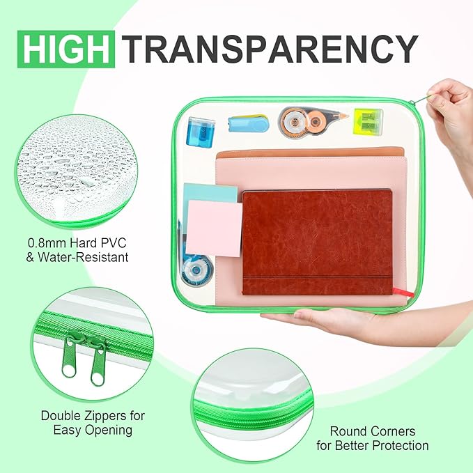 Hoolerry 4 Pcs Hard Clear Zipper Case Makeup Bags Plastic Zipper Pouch Transparent Storage Box Containers for Cosmetics, Snacks, Building Blocks, Puzzles(Clear,13.8 x 11.8 x 2 in,Fluorescent)