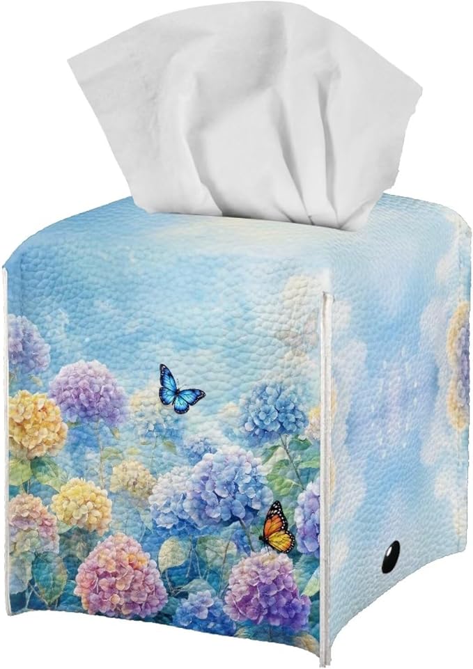 Butterflies Tissue Box Holder Stylish Waterproof PU Leather Square Tissue Box Cover with Metal Button Napkin Holder for Home Office Car Automotive Decor