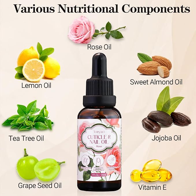 3 in 1 Cuticle Oil, 3 Pack Rose Nails Care Oil to Strengthen Brittle Nails, Hydrate Dry Cuticles & Soften Hands, Fast-Absorbing
