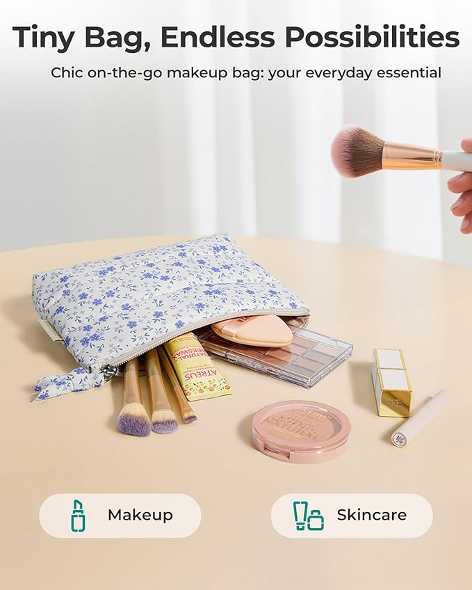 BAGSMART Small Makeup Bag, Puffy Portable Cosmetic Pouch with Charm Zipper, Water-Resistant Travel Organizer for Women (Blue Ditsy Floral Print, Small)