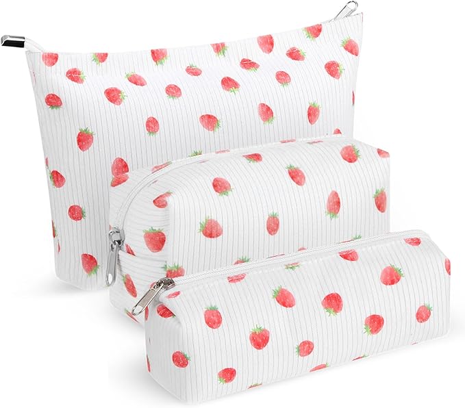 3 Pcs Makeup Bag Set for Women Corduroy Cosmetic Pouch Aesthetic Smile Travel Toiletry Bag Cute Purse Pouch Pencil Case Makeup Brushes Storage Organizer with Zipper(White,Strawberry)