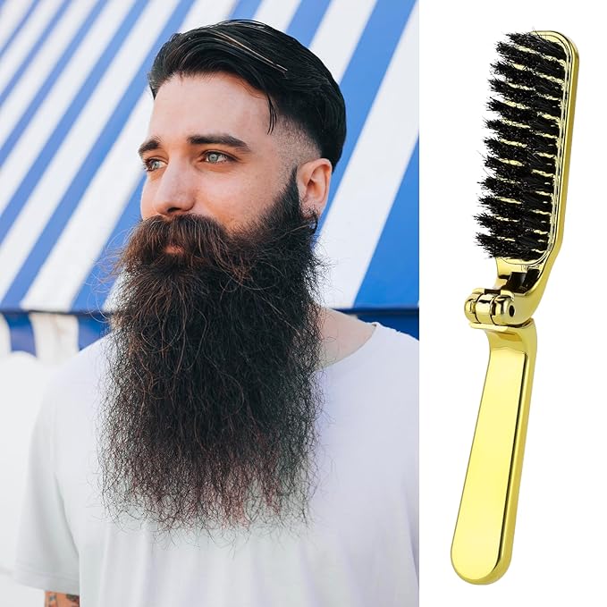 Foldable Boar Bristle Hair Brush, 2 Pcs Travel Folding Collapsable Pocket Size Brush for Women, Anti-Static Range Styling Tool Mini Beard Brush for Men (Black & Gold)