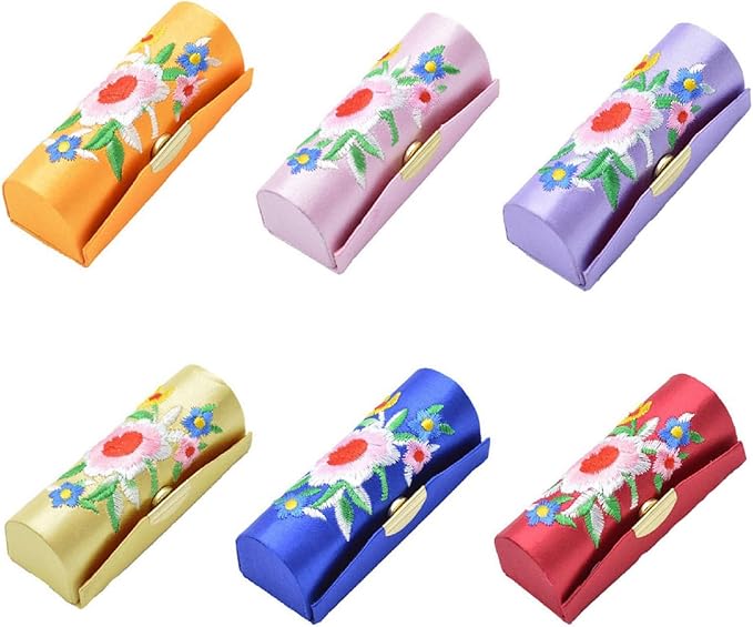 MIAO JIN 6PCS Lipstick Case with Mirror Lipstick Holder Storage Box Mini Portable Embroidery Jewelry Cosmetic Case (Random Color)
