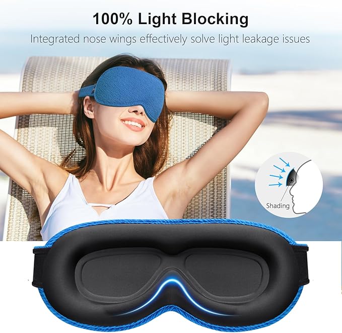 Gritin 100%Blackout Sleep Eye Mask for Women Men,Zero Eye Pressure Sleeping Mask-Ergonomic Design 3D Cutout Eye Movement and Eyelash Friendly Night Blindfold,Soft&Comfortable for Sleeping-Pacific Blue