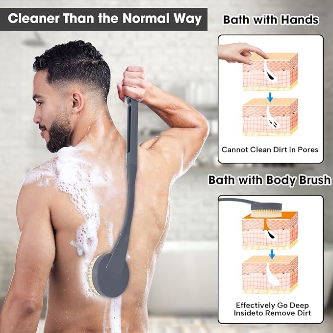 Back Scrubber for Shower,20.5" Long Handle Shower Brush for Body for Deep Clean,Back Brush for Shower for Men Women(Grey)