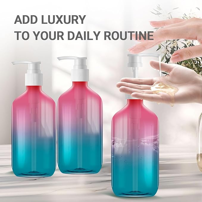 500ml Refillable Plastic Bottles with Pump Dispenser – 6 Pack Gradient Containers, BPA/Paraben-Free, Ideal for Travel Toiletries, Includes Labels