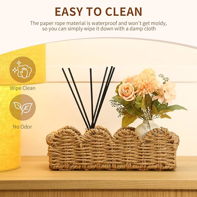 Paper Rope Storage Basket Set of 2 with Wooden Handles - Scalloped Toilet Paper Organizer, Cute & Functional Home Decor for Bathroom or Living Room (Beige)