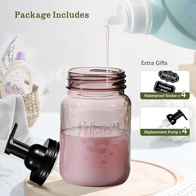 Amolliar Plastic Foaming Soap Dispenser with Pump Lid, 16Oz Refillable Foam Hand Soap Dispenser Set, Clear Dish Soap Bottles with Waterproof Lable for Farmhouse Kitchen Bathroom (4 Pack, Black)