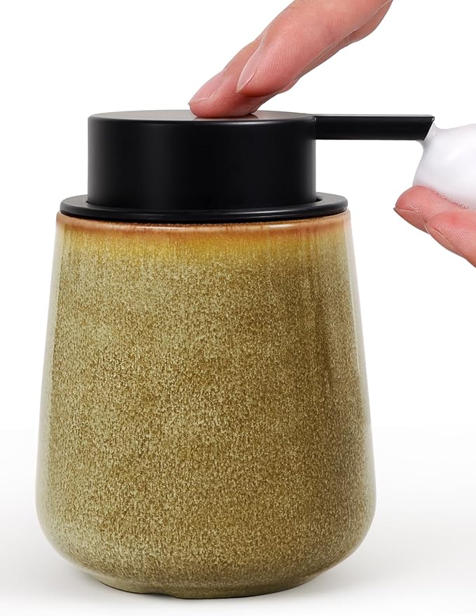 INGOFIN Ceramic Foaming Soap Dispenser - 12 oz Refillable Foam Hand Soap Dispenser Bathroom, Modern Dish Dispenser Pump for Kitchen,Kiln-Glazed Earthy Greenish-Brown